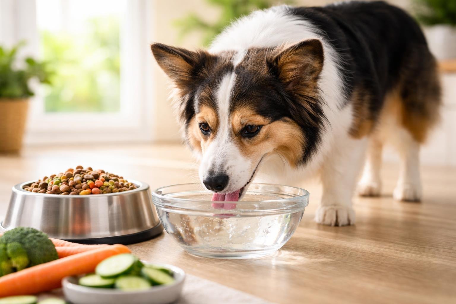 A happy dog drinking water from a bowl in a bright home with dog food nearby.