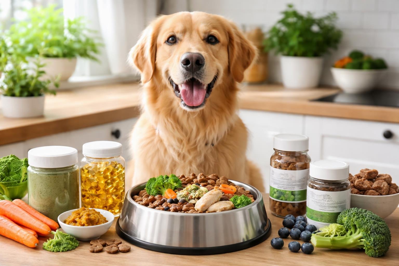 A golden retriever sitting next to a bowl of nutritious dog food with supplements and natural ingredients on a kitchen countertop.