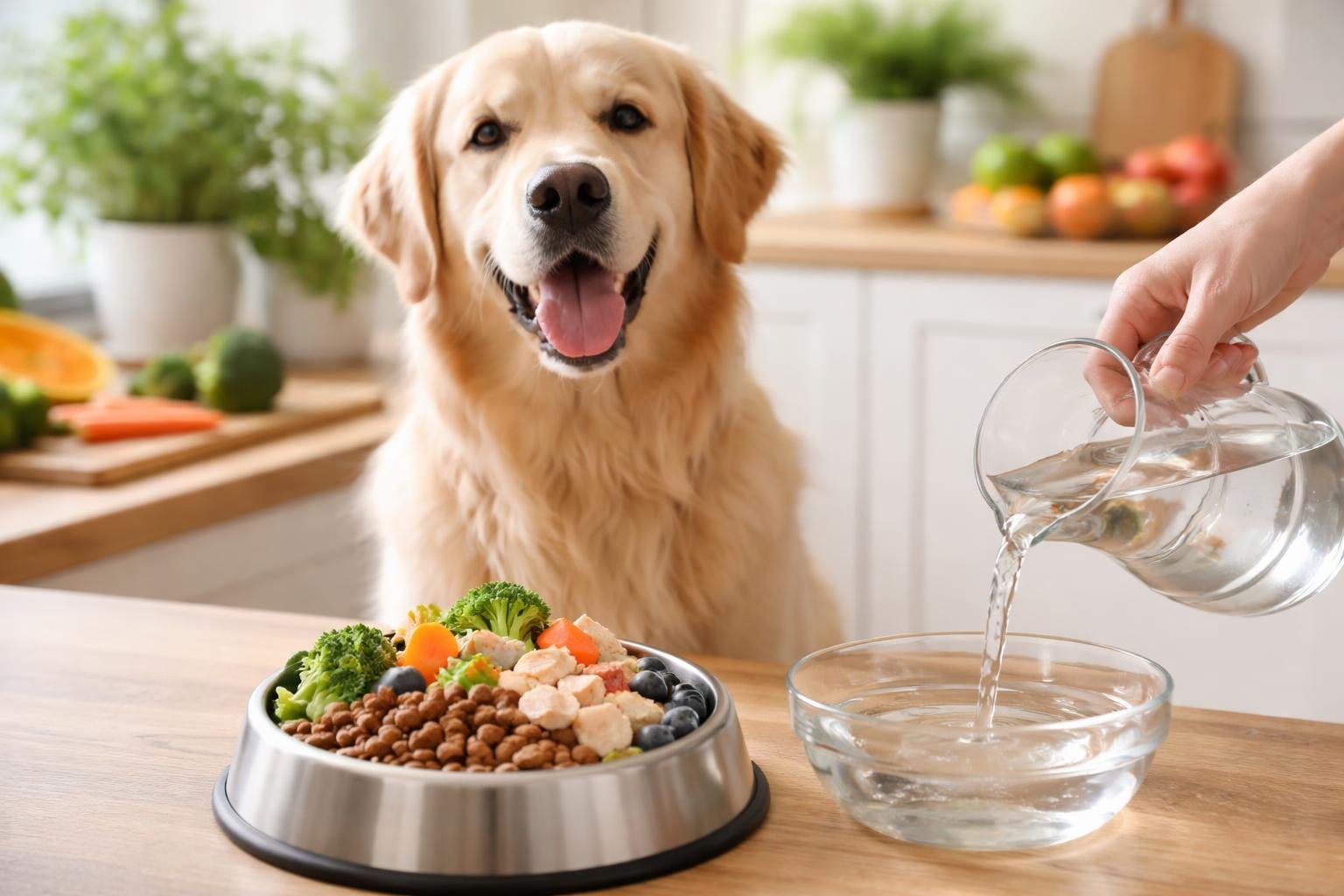 A golden retriever sitting next to a bowl of nutritious dog food in a kitchen with a person pouring water into a bowl.