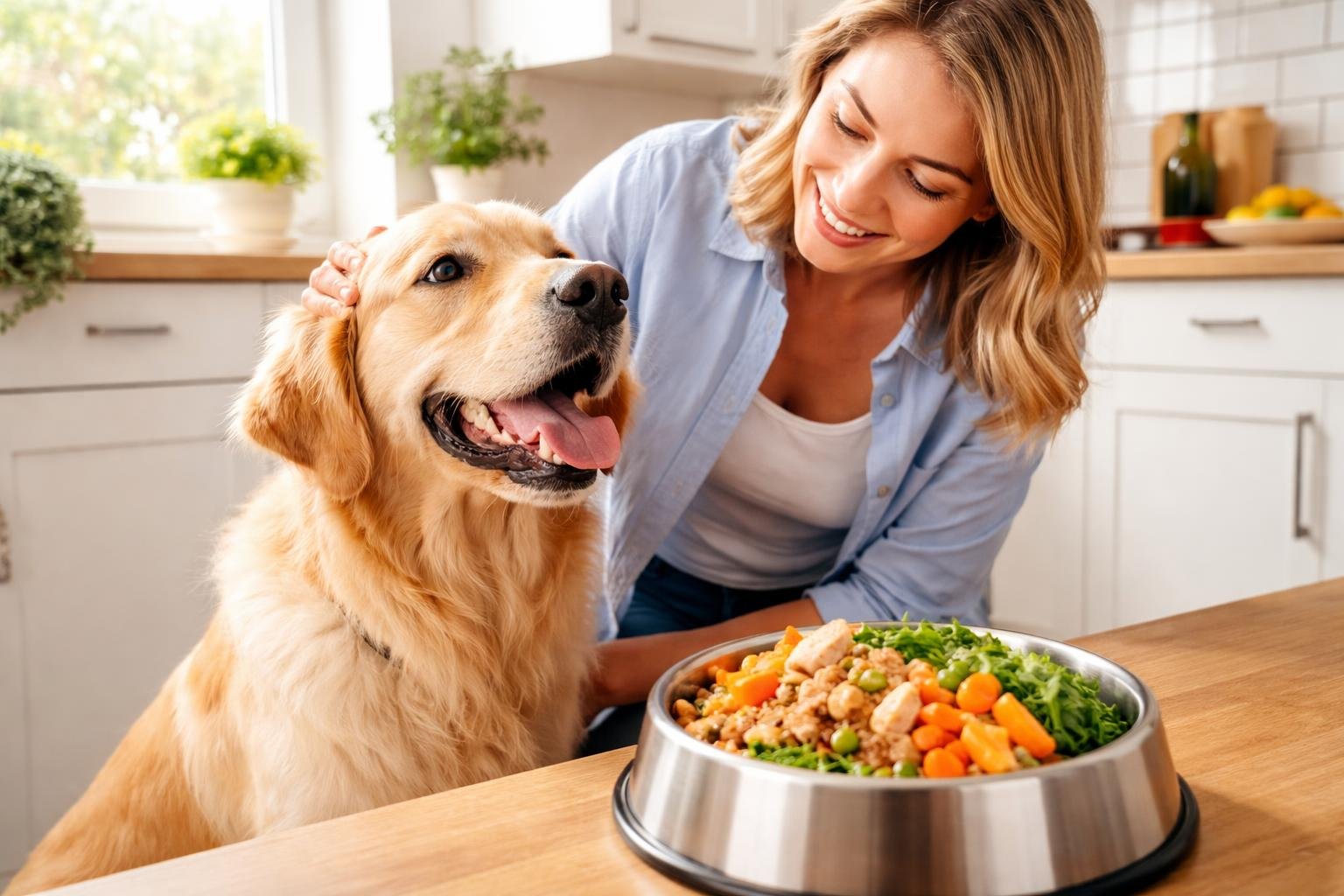 A happy dog sitting by a bowl of fresh dog food in a kitchen with a smiling person gently interacting with it.