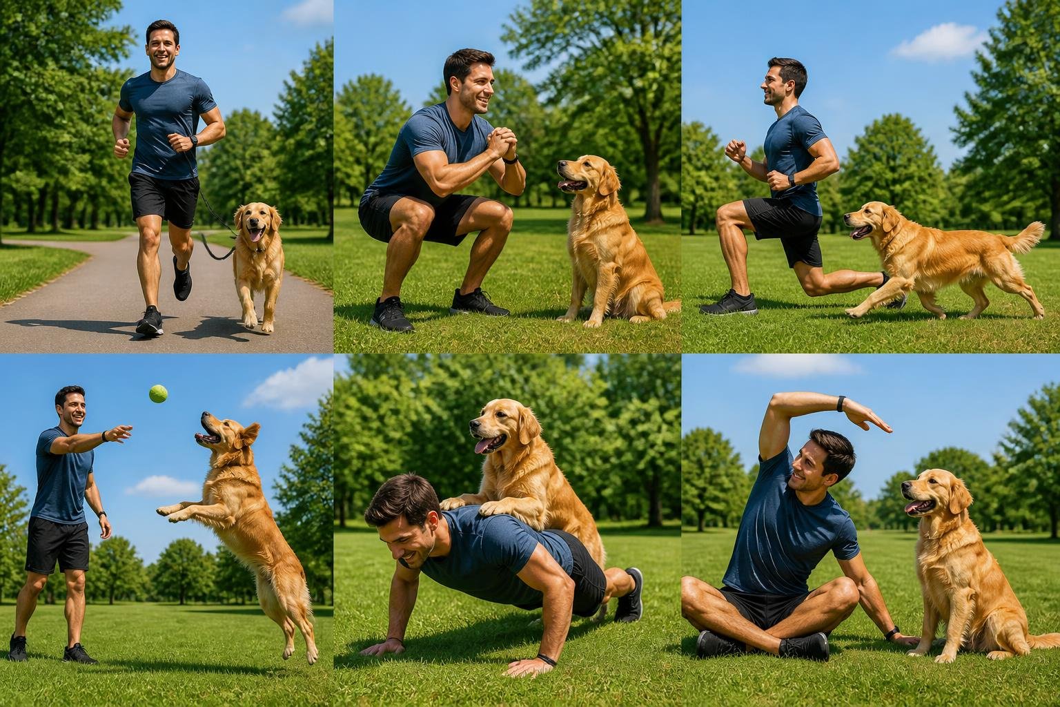A person exercising outdoors in a park with their dog, showing six different activities including jogging, squats, lunges, playing fetch, push-ups, and stretching.