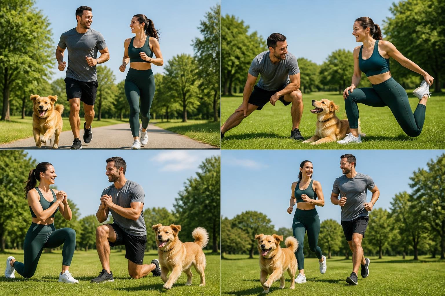 A man and woman exercising outdoors in a park with their dog running and playing beside them.