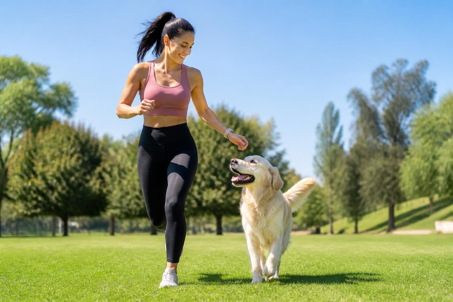 A person exercising outdoors with their dog in a sunny park.