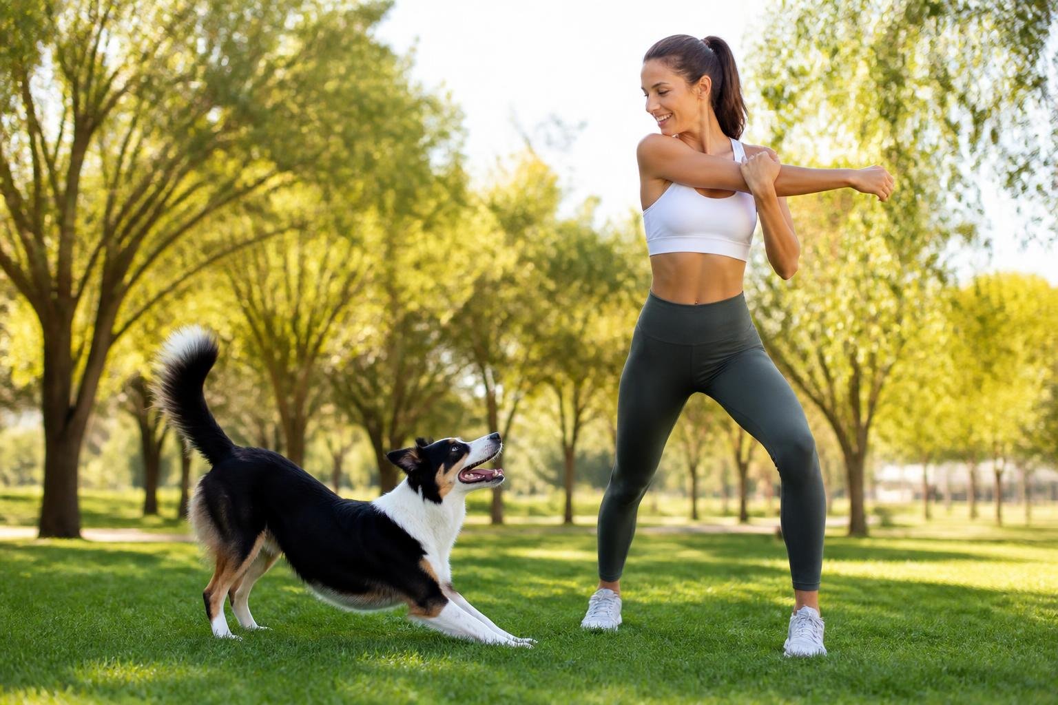 A person stretching outdoors with their dog in a sunny park, preparing for exercise.