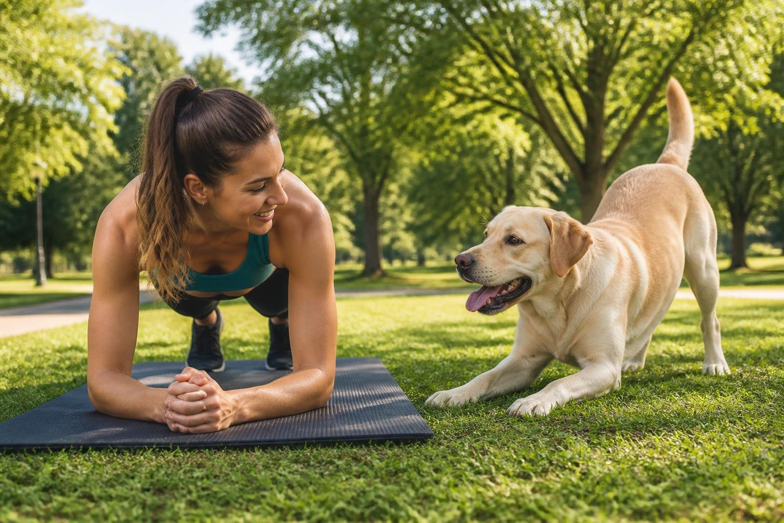 A person doing a plank exercise on a yoga mat in a park while their dog plays nearby.