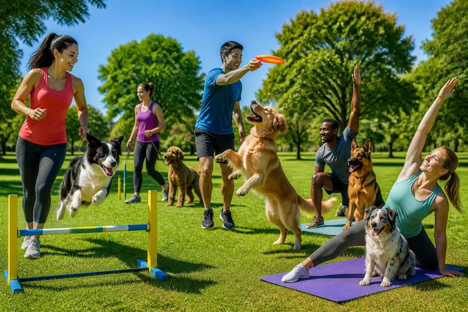 People exercising outdoors with their dogs, playing fetch, doing agility training, and stretching together in a park.