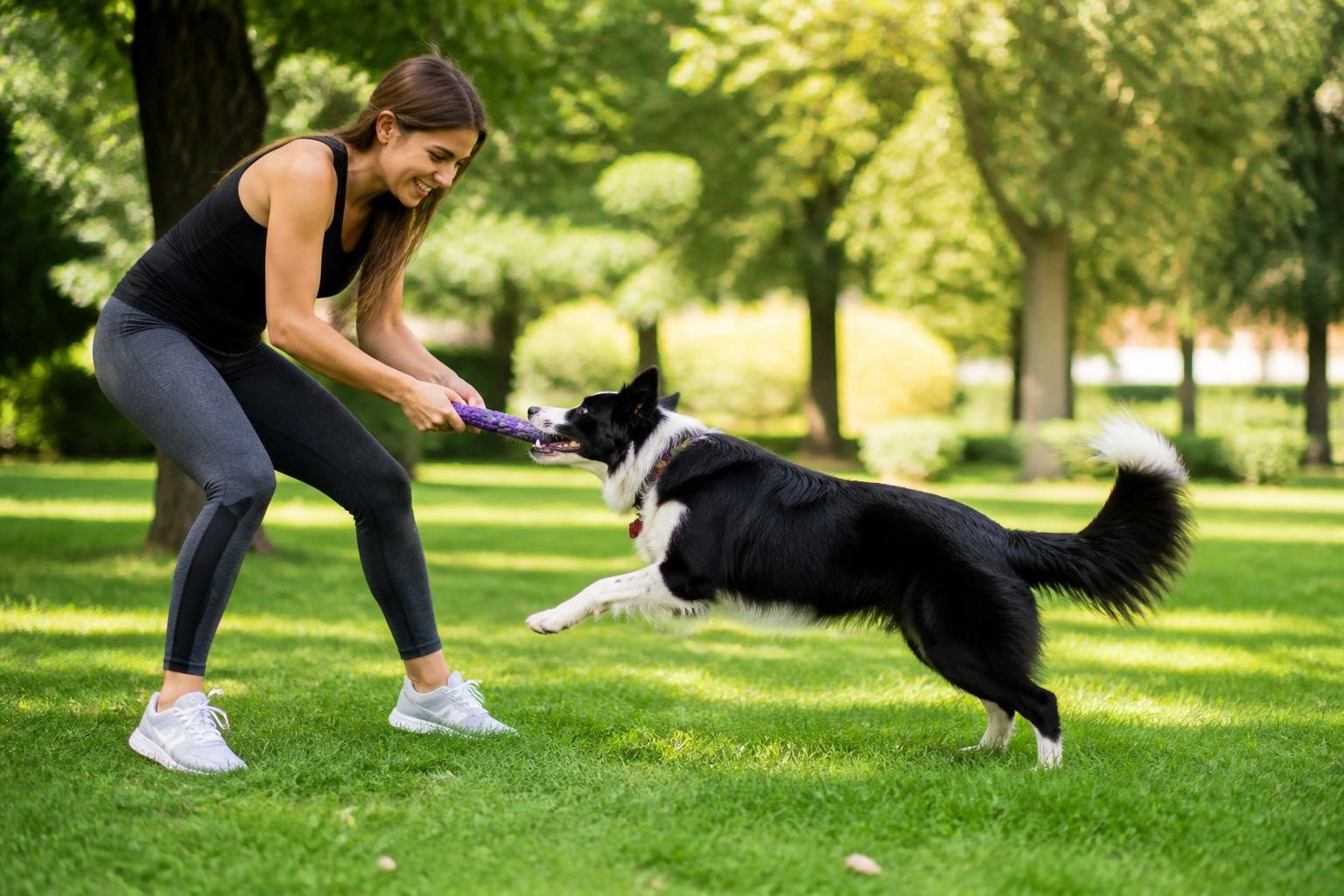 A person playing actively with a dog in a green park during the daytime.