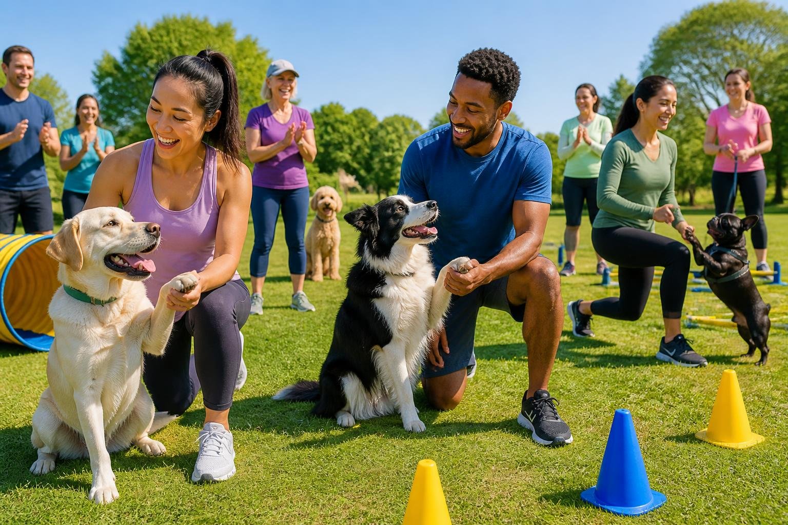 People exercising outdoors with their dogs in a park, performing various fitness activities together.