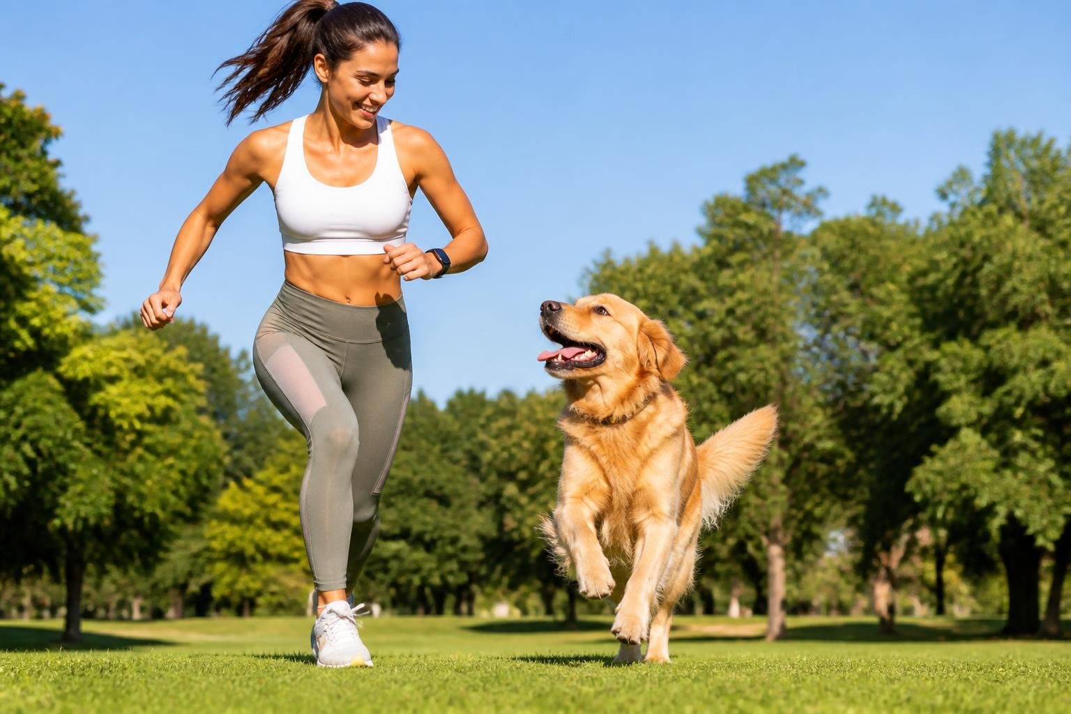 A person exercising outdoors with their dog in a sunny park, both looking happy and active.