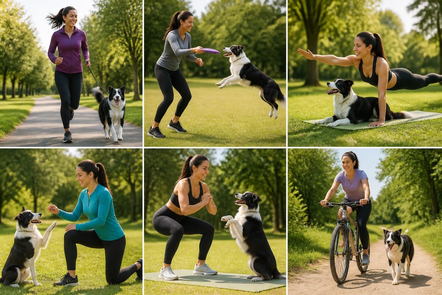A person exercising outdoors in a park with their dog, both actively moving and enjoying the activity together.