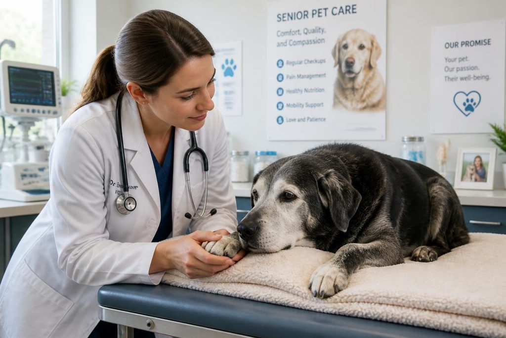 A veterinarian gently examining an elderly dog on an examination table in a veterinary clinic.