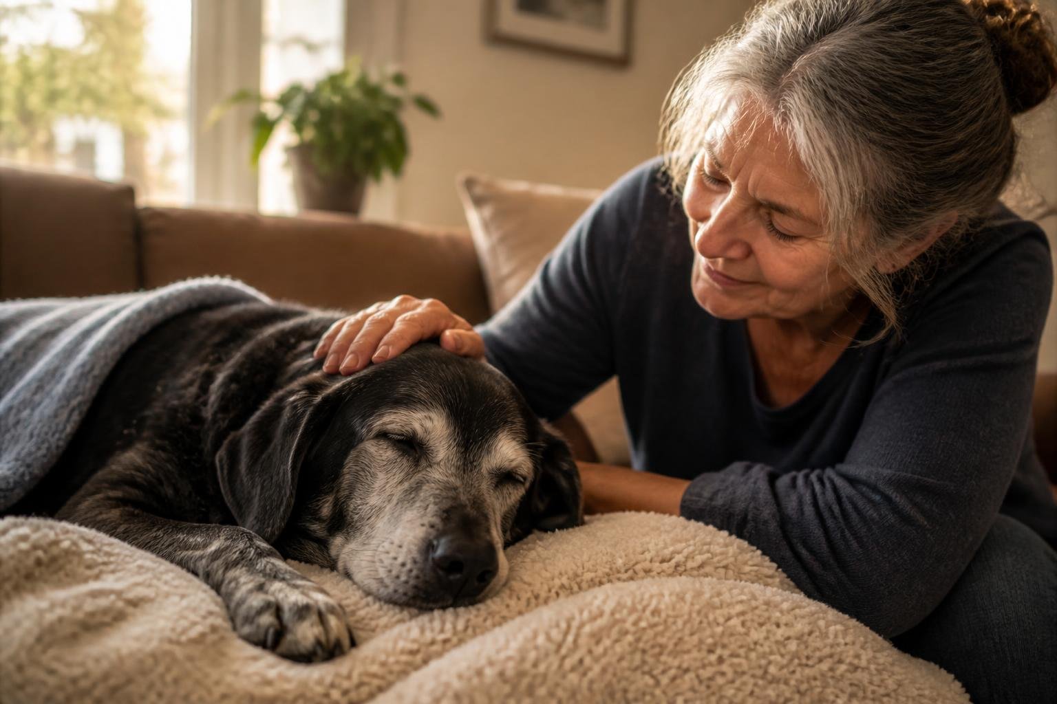 An elderly dog resting on a blanket while a person gently pets it in a calm living room.