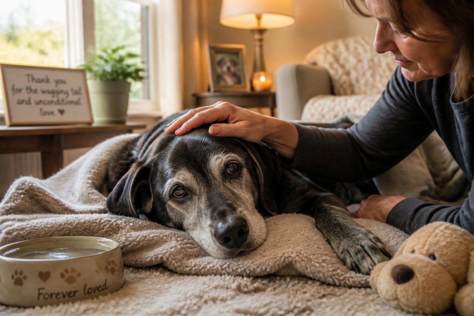 An elderly dog resting on a blanket while a person gently pets its head in a cozy living room.