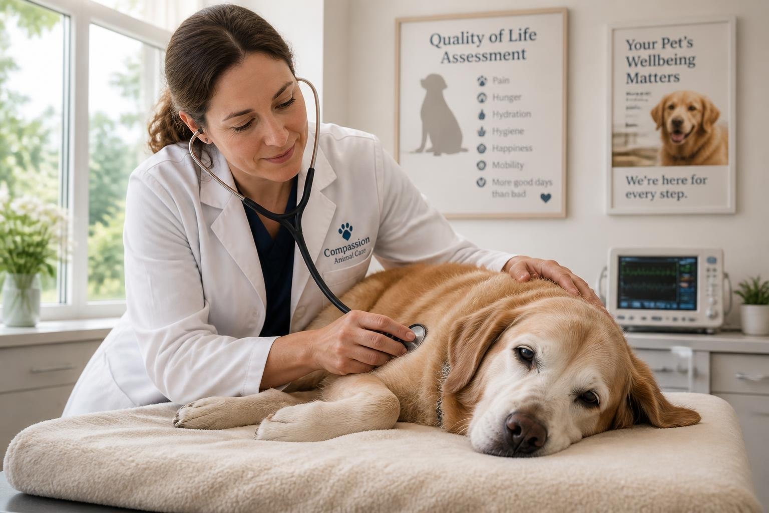 A veterinarian gently examining an elderly dog on an examination table in a veterinary clinic.