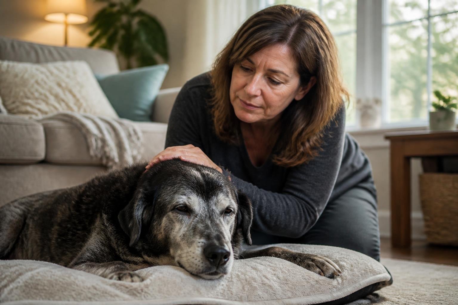A woman gently comforting an elderly dog lying on a blanket in a cozy living room.