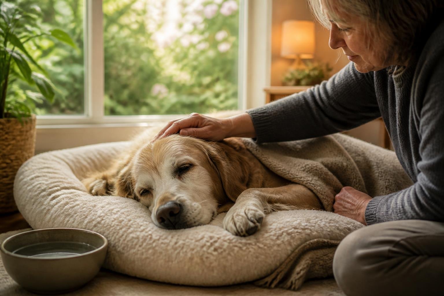 An elderly dog resting on a soft bed while a person gently strokes its head in a warm, peaceful living room.