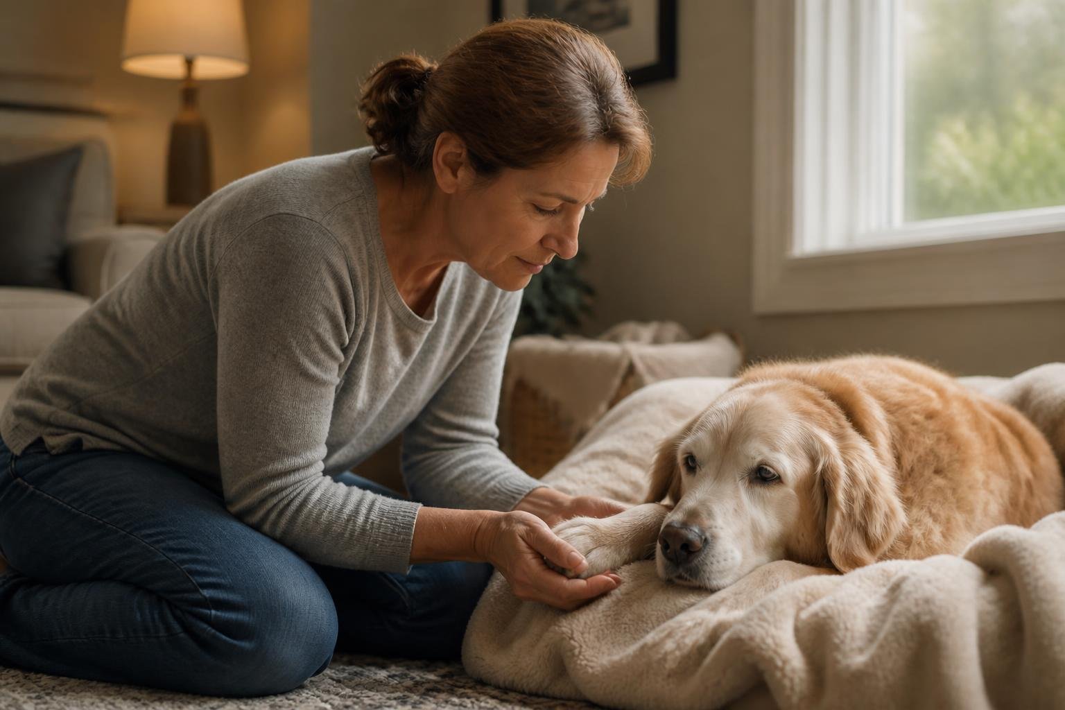 A person gently holding the paw of an elderly dog resting on a blanket in a softly lit living room.
