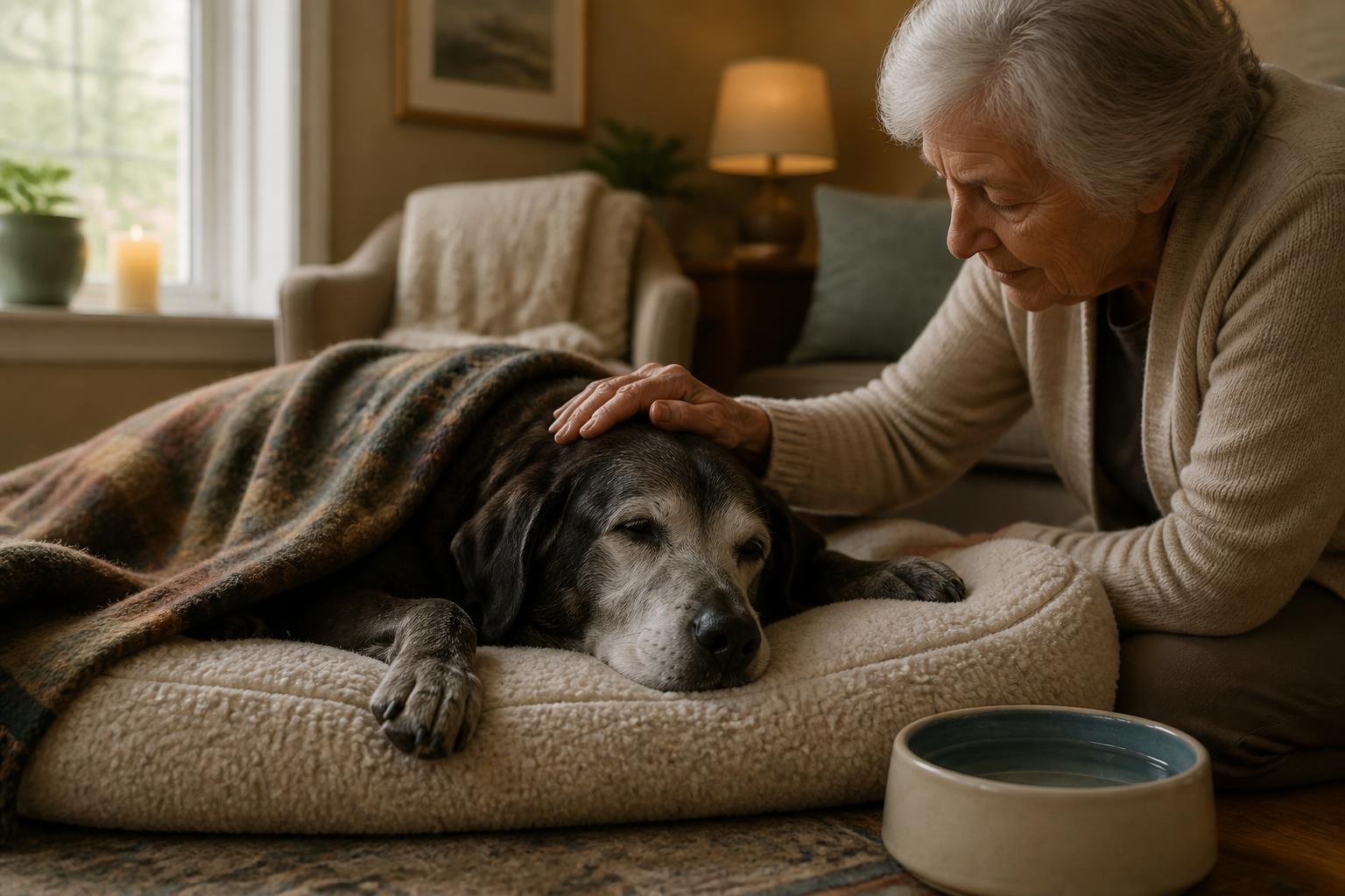 An elderly person gently comforting a calm, tired dog resting on a dog bed in a cozy living room.