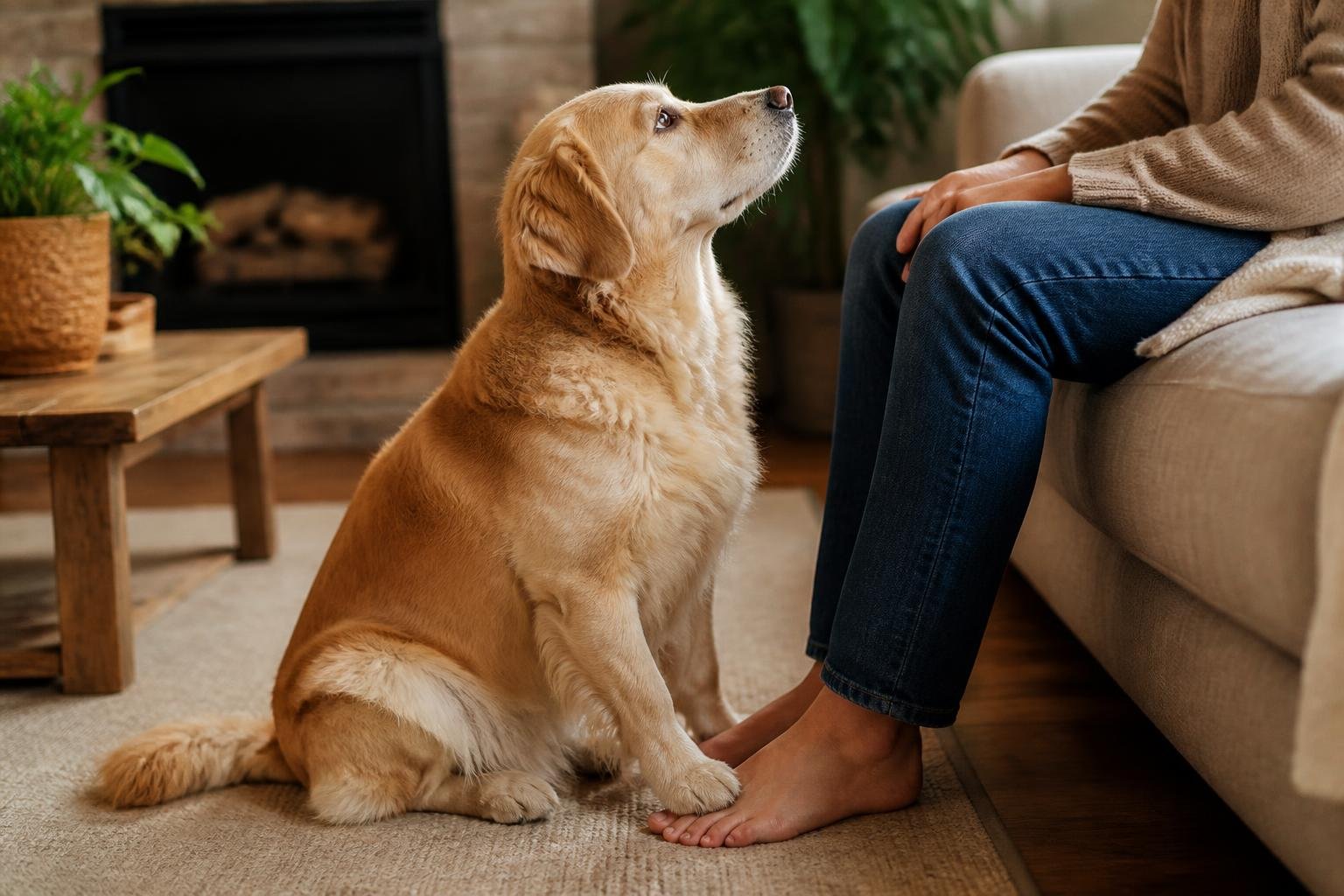 A dog sitting on a person's feet indoors, showing affection and comfort.