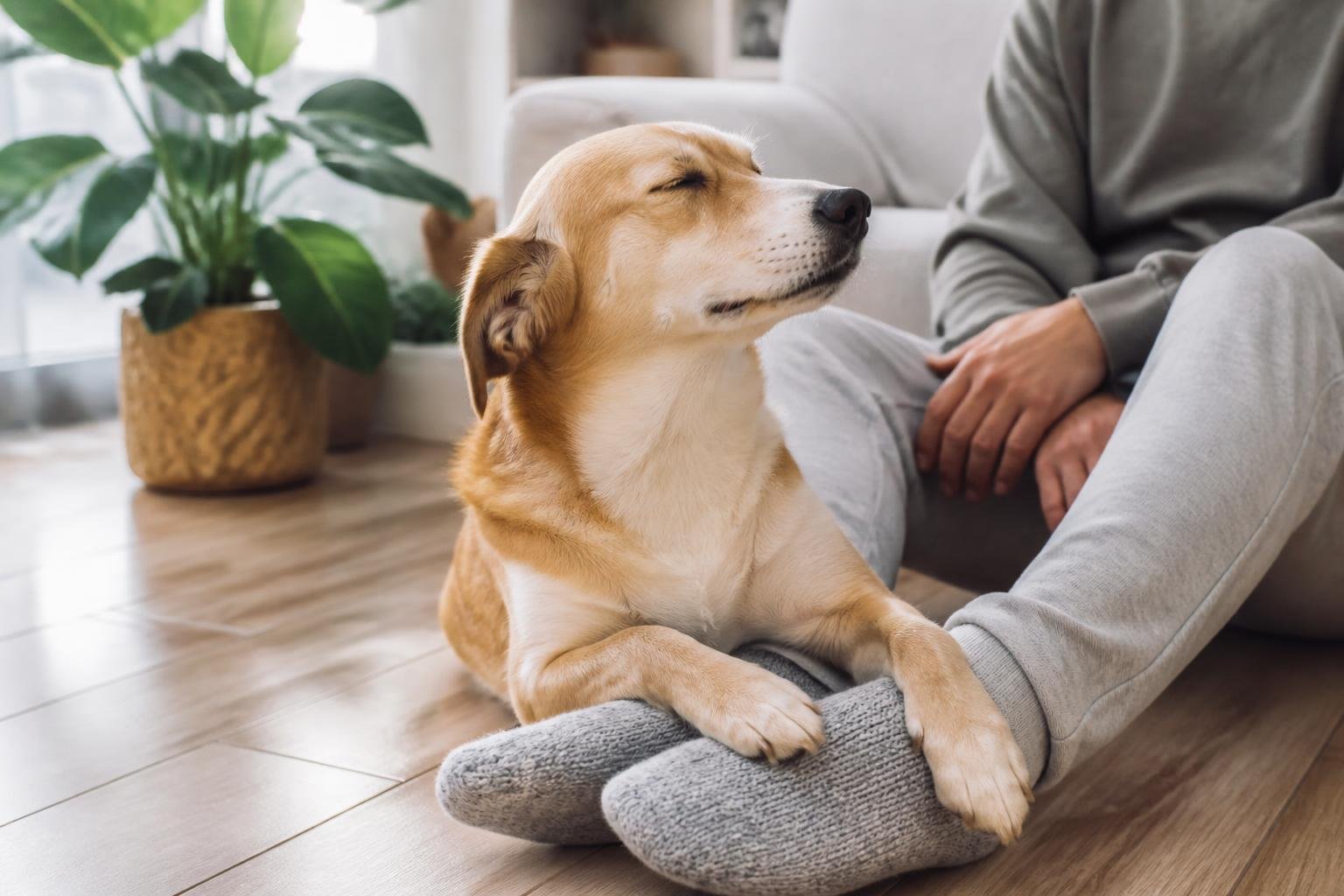 A dog sitting calmly on a person's feet in a cozy living room, showing a close and affectionate bond.