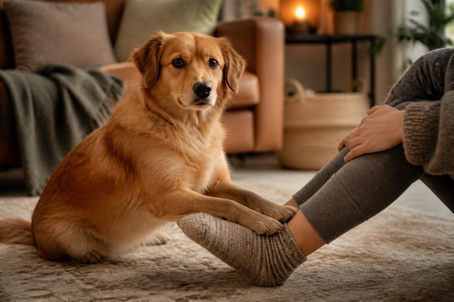 A dog sitting calmly on a person's feet indoors, showing a moment of comfort and connection.