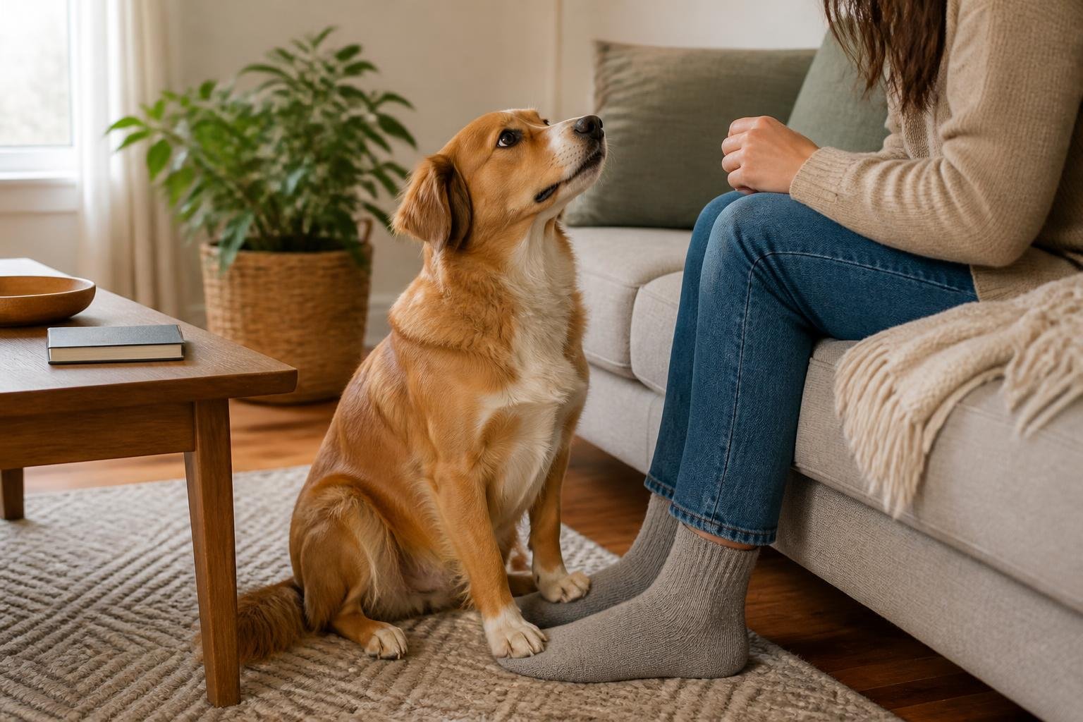 A dog sitting calmly on a person's feet in a cozy living room while the person sits on a couch.