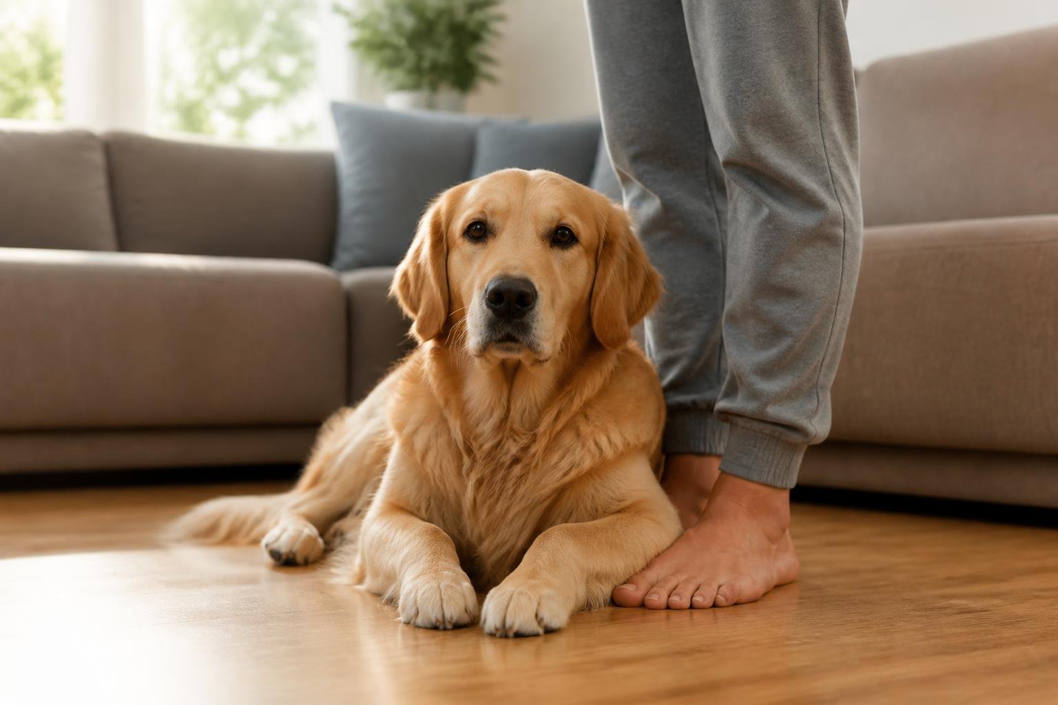 A dog sitting calmly on a person's feet in a cozy living room, showing a close bond between them.