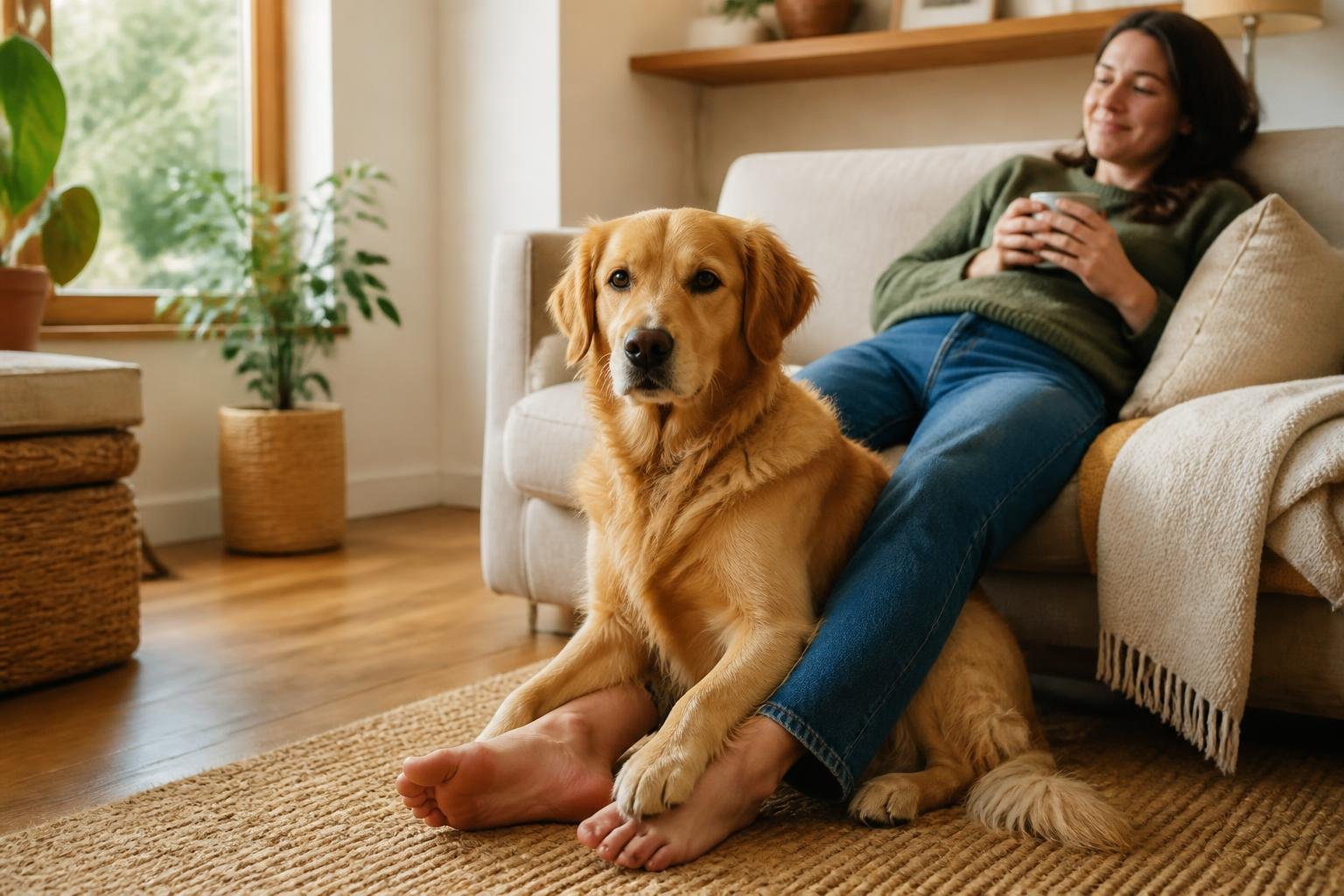 A dog sitting gently on a person's feet in a cozy living room.