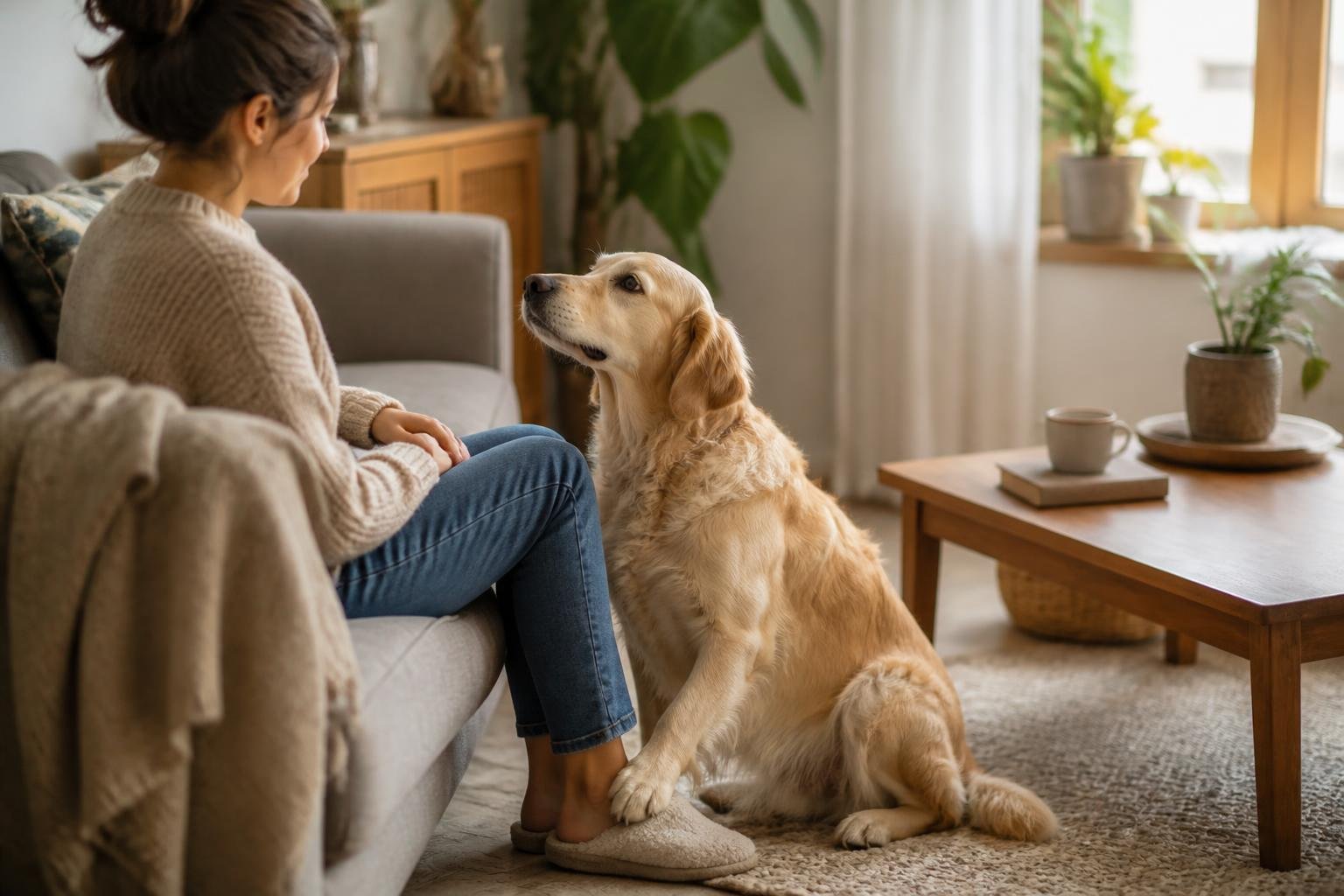 A dog sitting calmly on a person's feet in a cozy living room, showing a moment of companionship and trust.