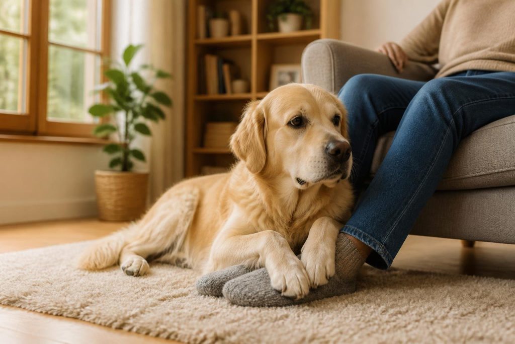 A dog sitting on a person's feet in a cozy living room.