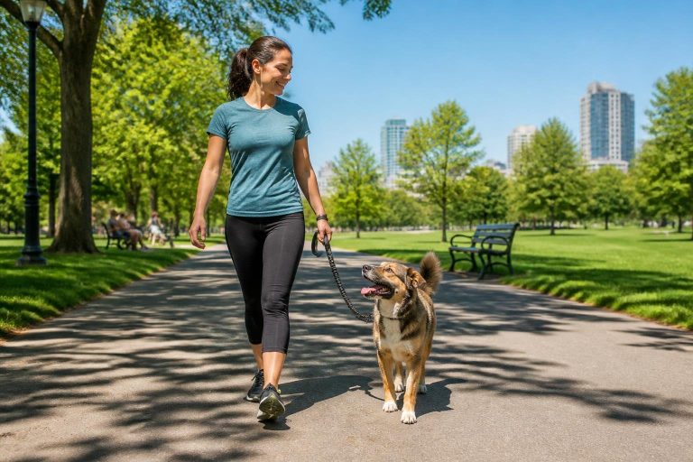 A person walking a dog on a paved path in a sunny park with green trees and grass.