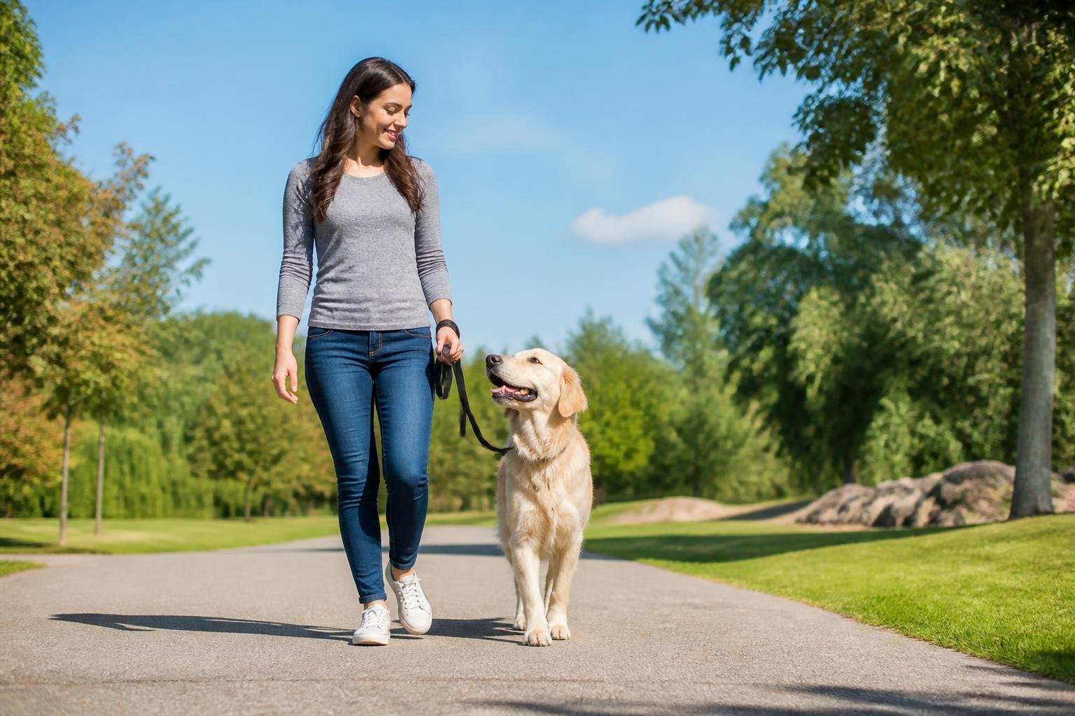 A person walking a dog on a leash along a park path with green grass and trees.