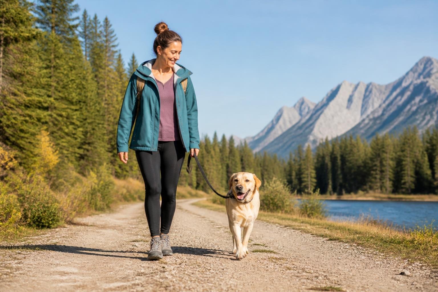 A person walking a dog on a leash along a tree-lined path outdoors.