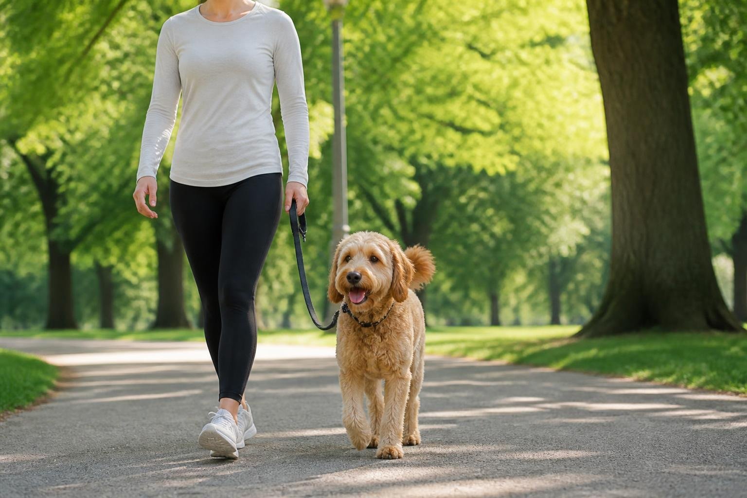 Person walking a dog on a leash in a sunny park with trees and a paved path.