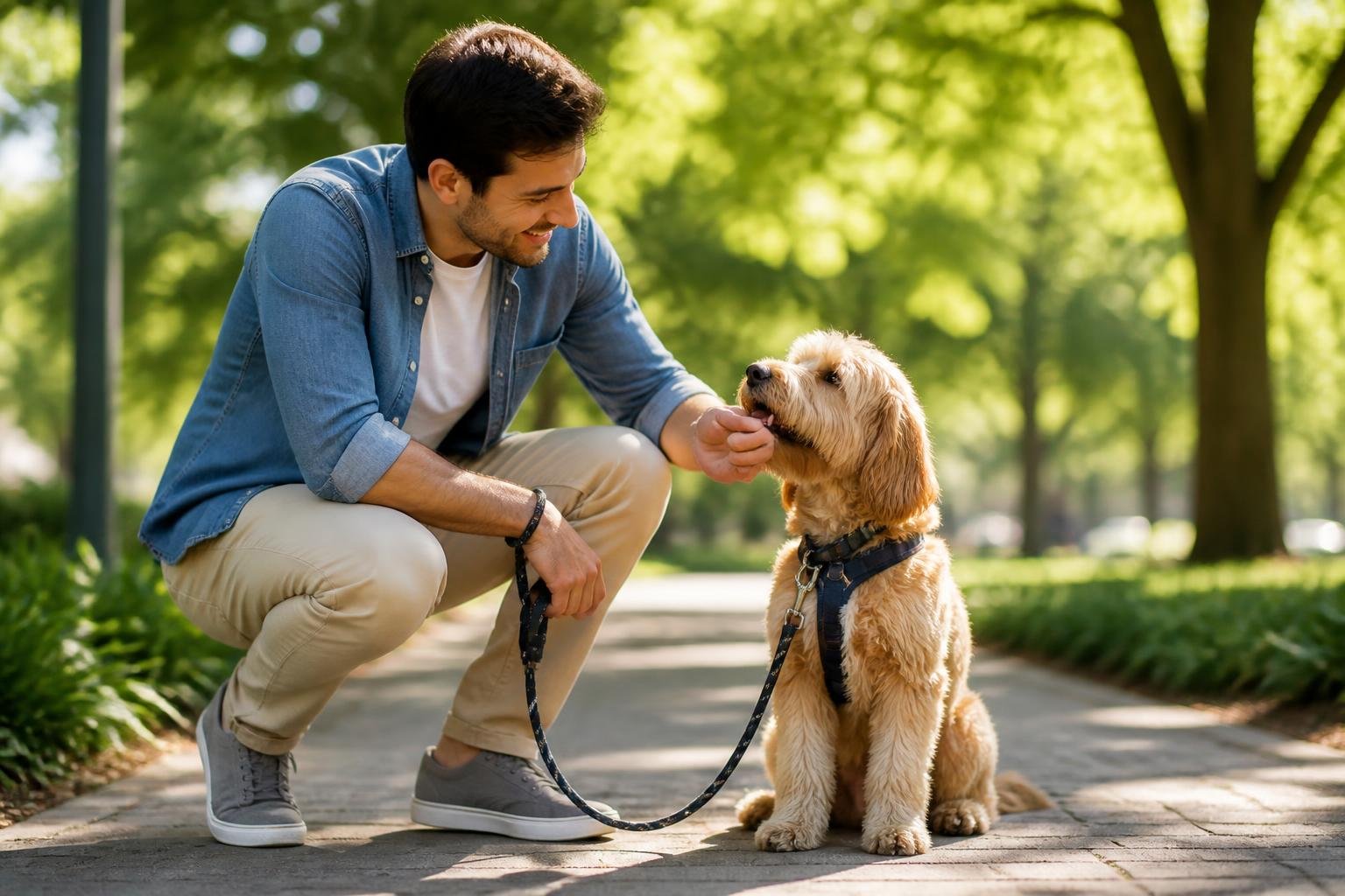 A person walking a happy dog on a leash in a sunny park with green trees and a paved path.