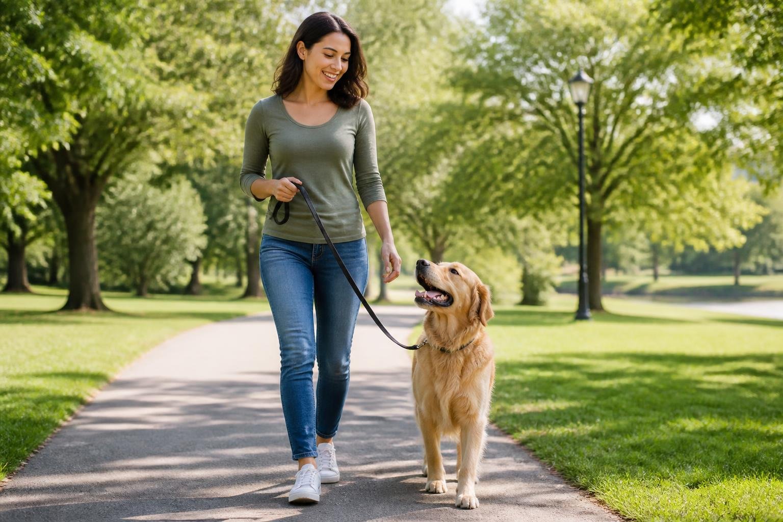 A person walking a dog on a leash in a park with green grass and trees.