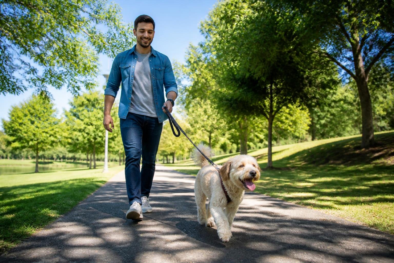 Person walking a happy dog on a leash along a path in a green park.