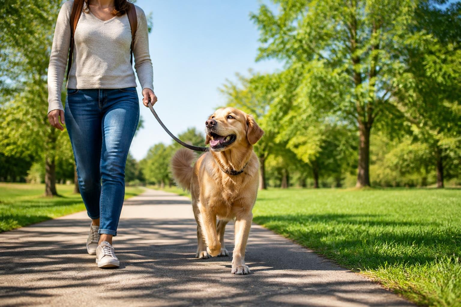 A person walking a happy dog on a leash in a sunny park with trees and grass.
