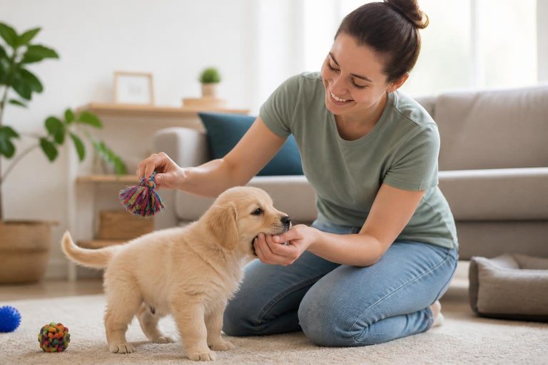 A person gently holding a puppy's snout while redirecting its attention with a chew toy in a bright living room.