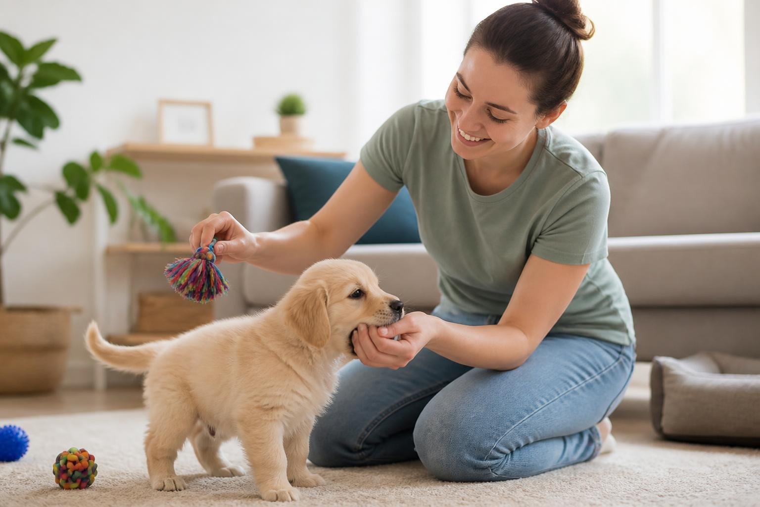 A person gently holding a puppy's snout while redirecting its attention with a chew toy in a bright living room.
