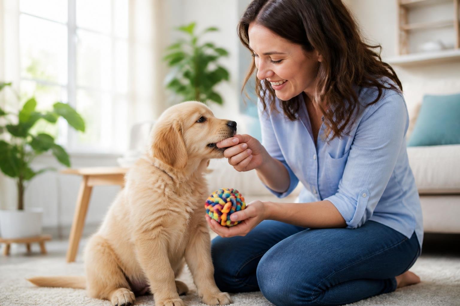 A woman gently holding a puppy's mouth while offering a chew toy in a bright living room.