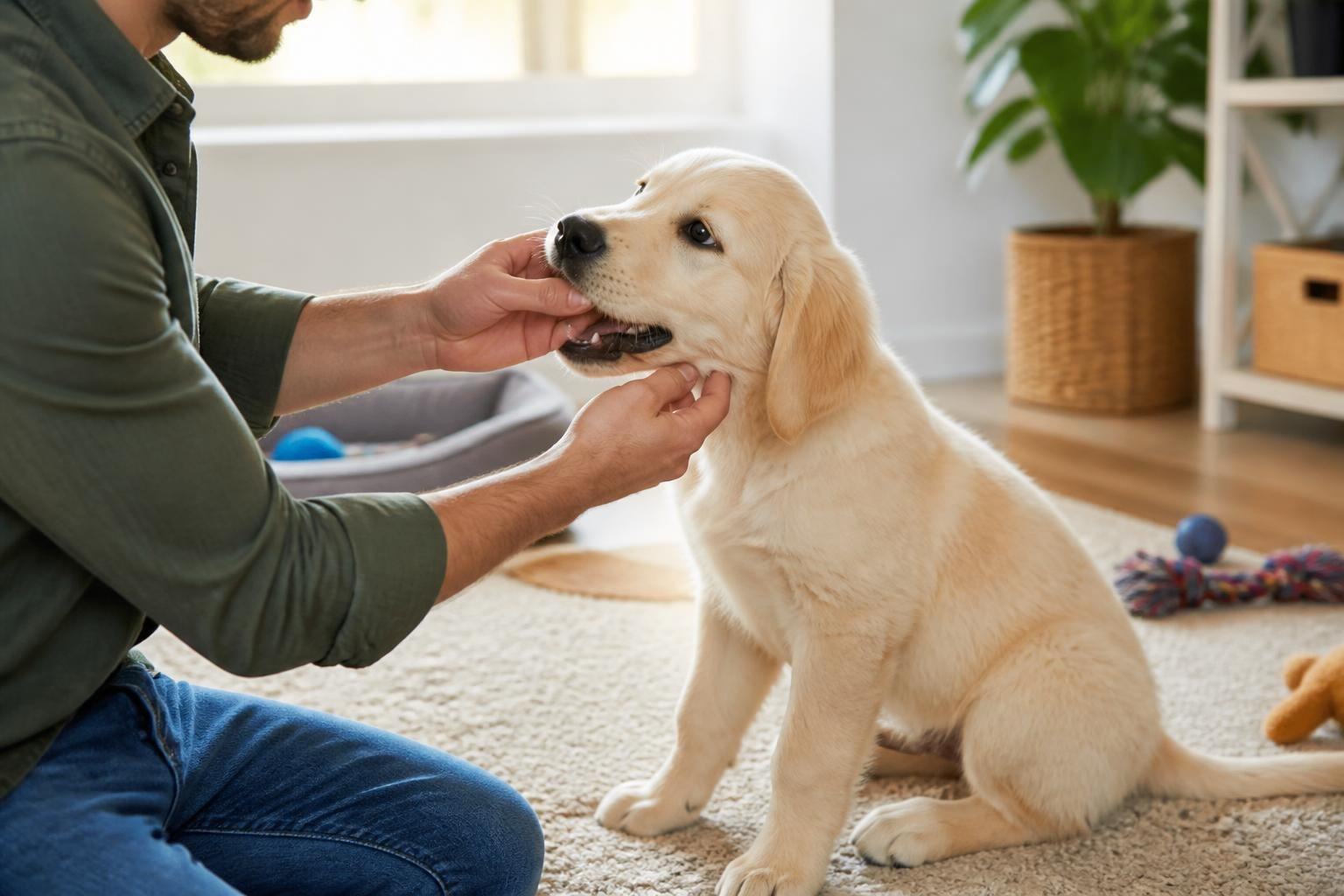 A person gently guiding a puppy's mouth during a training session in a bright living room.