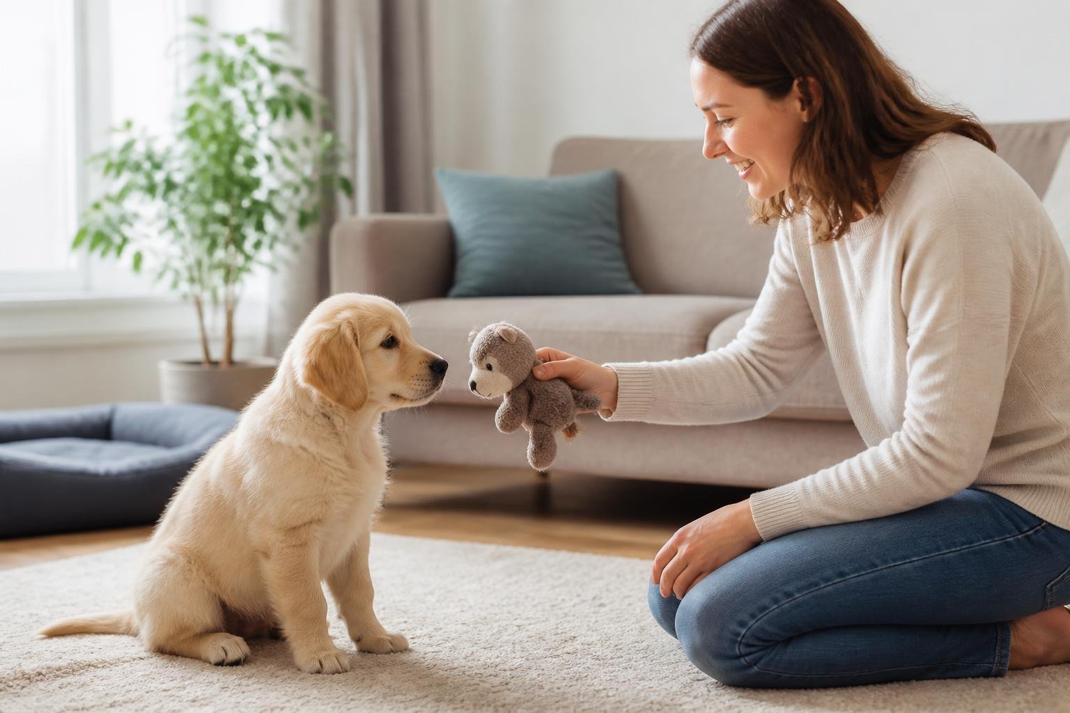 A person gently playing with a puppy using a soft toy in a bright living room.