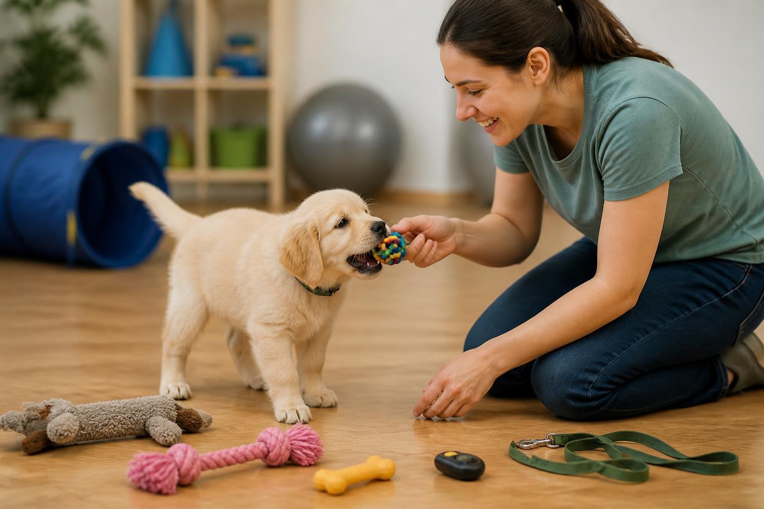 A person holding a chew toy while a puppy gently bites it in a training setting with toys and tools nearby.