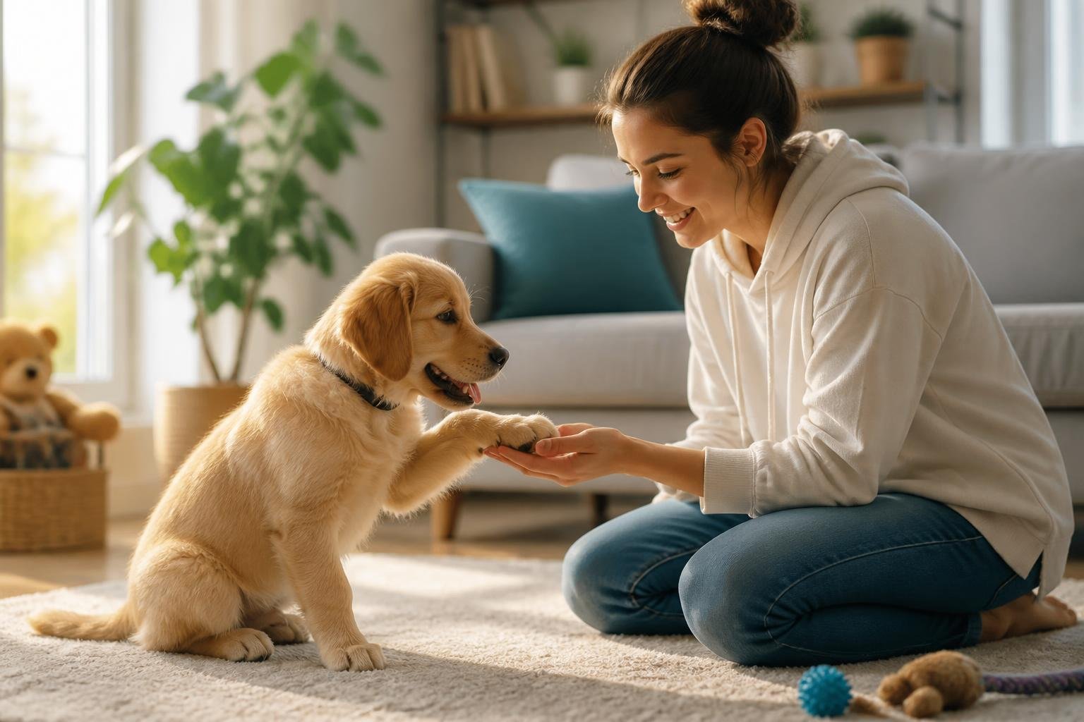 A young adult gently interacting with a calm golden retriever puppy in a bright living room.
