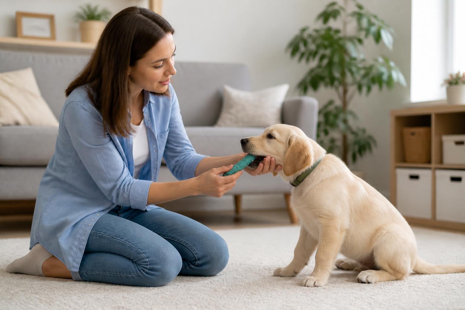 A young woman gently training a puppy to stop biting inside a cozy living room.