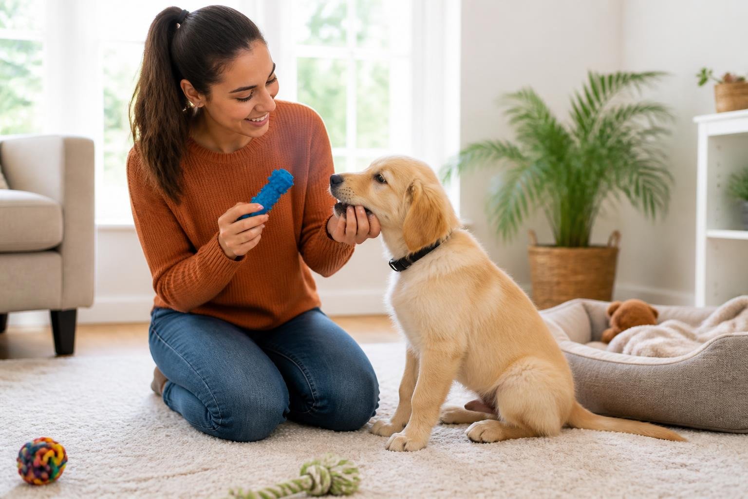 A woman gently training a puppy indoors to stop biting by redirecting its mouth with a chew toy.