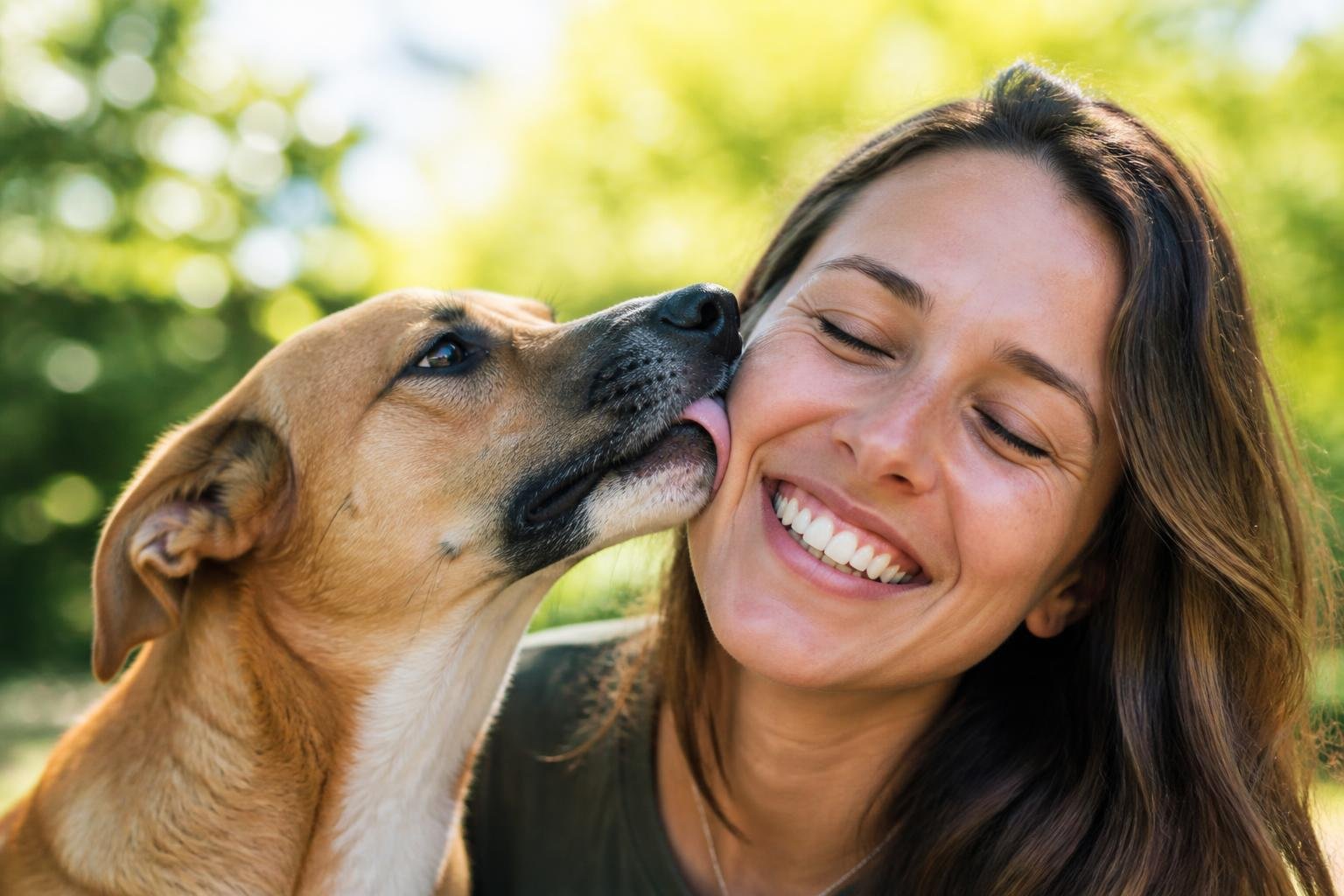 A dog gently licking a smiling person's face outdoors with green blurred background.