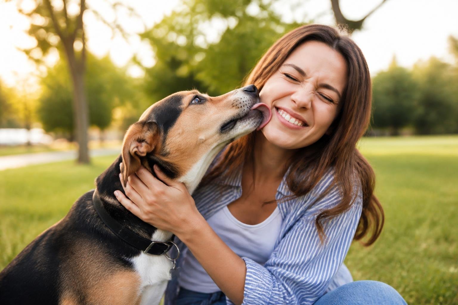 A dog gently licking a smiling woman’s face outdoors in a park.