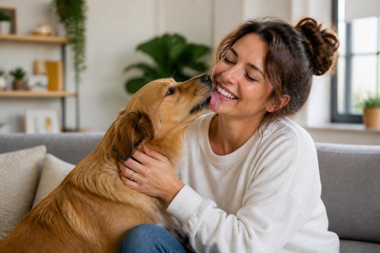 A woman smiling as a friendly dog gently licks her face in a bright and comfortable living room.